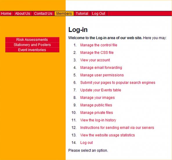Members area screen
