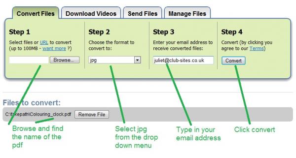 uploading your pdf, choosing  to convert it to a jpg and giving them an email address to send the file instruction