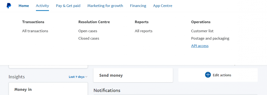 PayPal API menu
